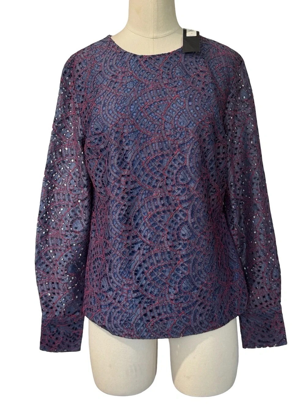 BANANA REPUBLIC S Top Lace Blue Red Embroidered Long Sleeve Indigo Unique